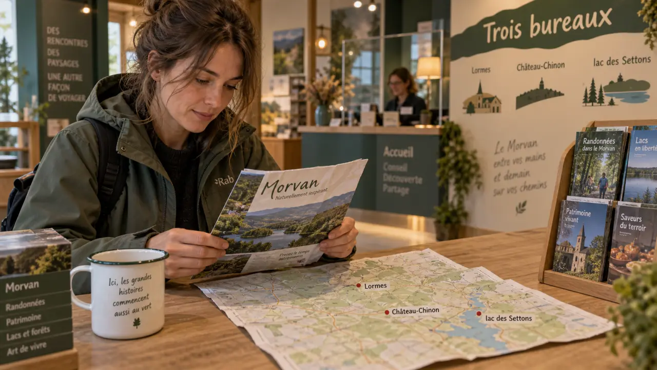 Office tourisme Morvan : femme feuillette dépliant sur table, trois bureaux Lormes Château-Chinon lac des Settons