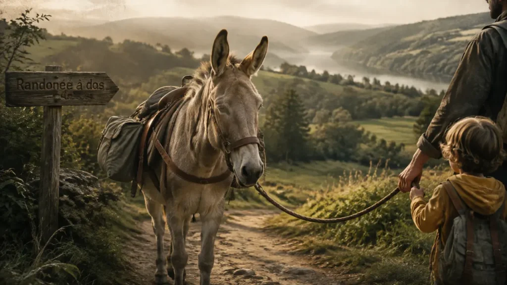 Randonnée ane morvan : âne sur chemin de terre bordé de haies