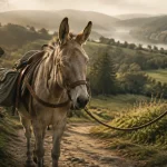 Randonnée ane morvan : âne sur chemin de terre bordé de haies