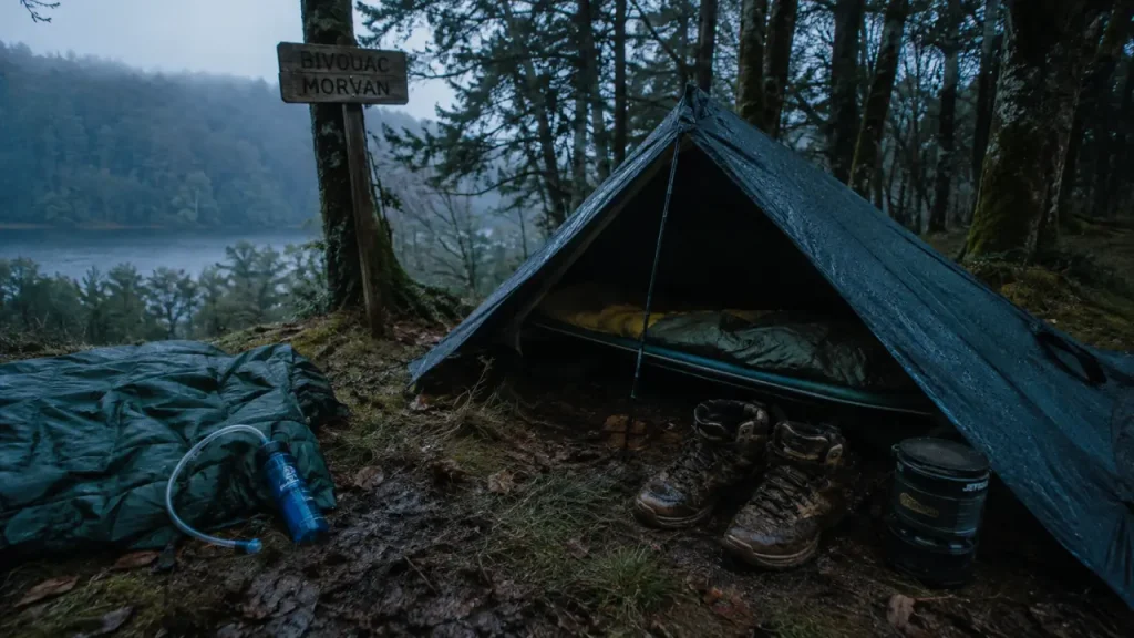 Randonnée bivouac morvan : tente tarp, matériel et spot de bivouac au Morvan