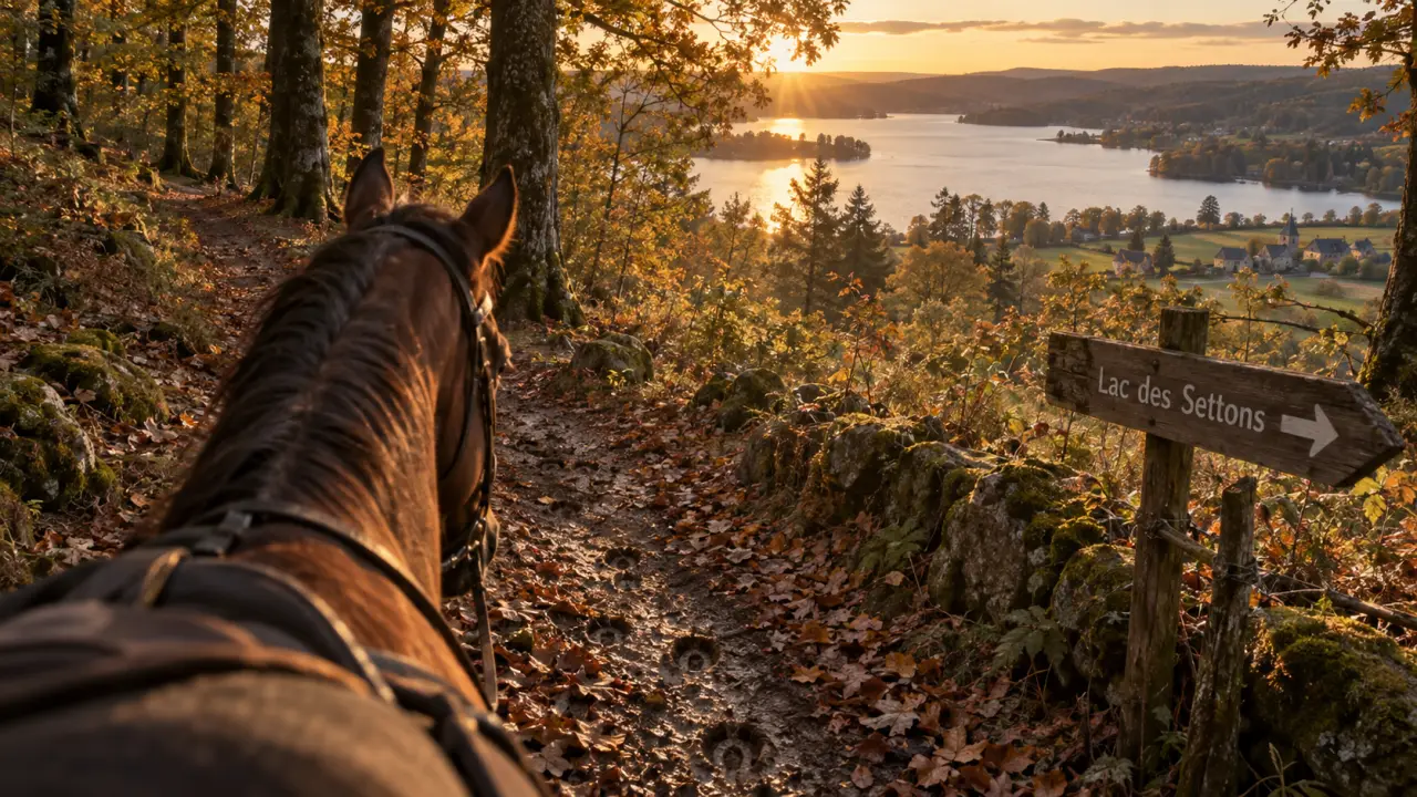 Randonnée cheval Morvan : cheval sur sentier près du Lac des Settons