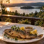 Restaurant lac des settons morvan : truite meunière sur terrasse au bord du Lac des Settons