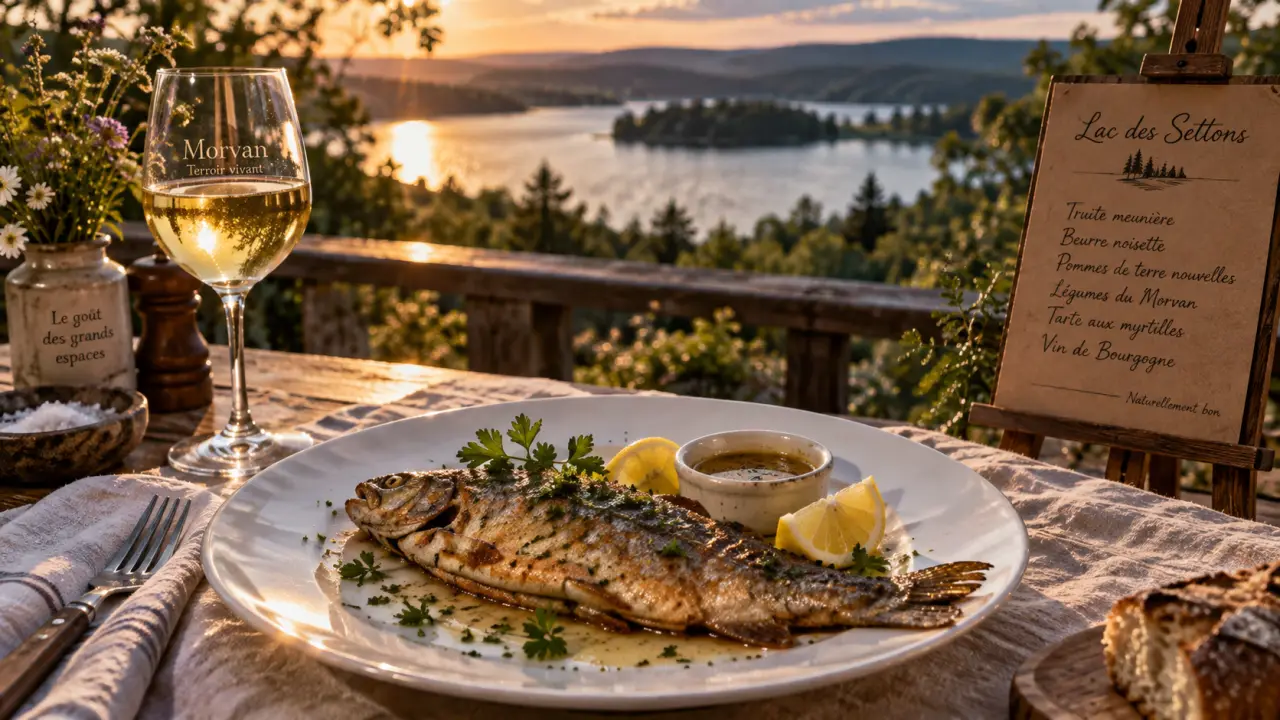 Restaurant lac des settons morvan : truite meunière sur terrasse au bord du Lac des Settons