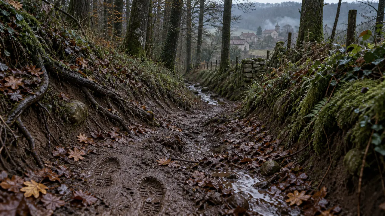 Roussillon en Morvan randonnée : sentier boisé et boueux
