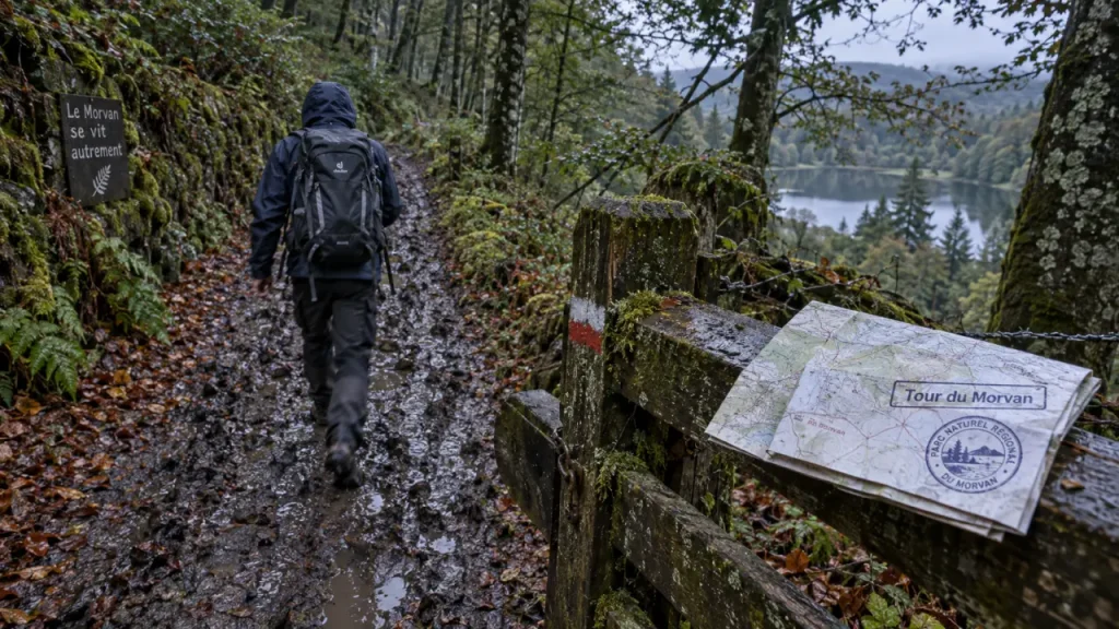 Tour du Morvan randonnée : randonneur dans le chemin creux morvandiau après la pluie