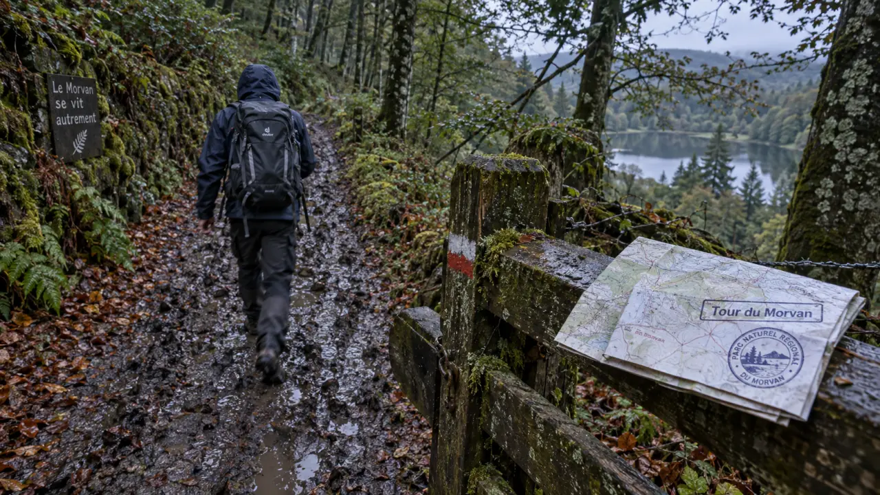 Tour du Morvan randonnée : randonneur dans le chemin creux morvandiau après la pluie