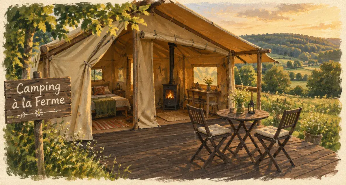 Camping à la ferme morvan rustique : tente-lodge et terrasse bois