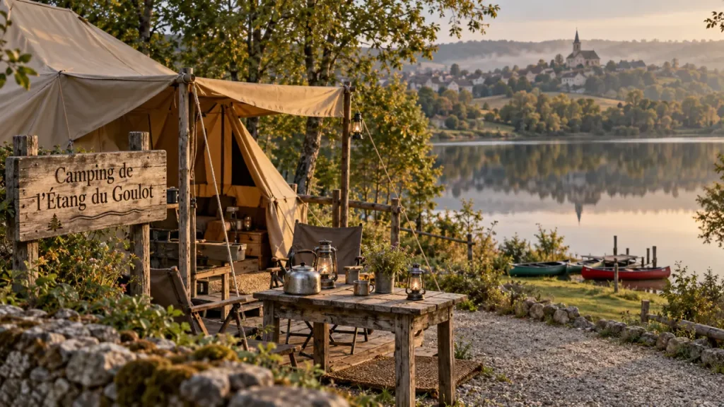 Camping Lormes Morvan au camping de l’étang du Goulot, tente au bord de l’étang