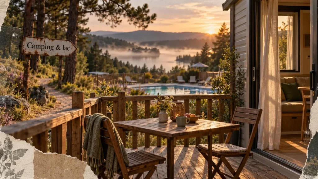 Camping Morvan mobil-home : terrasse, piscine et lac, porte-fenêtre ouverte