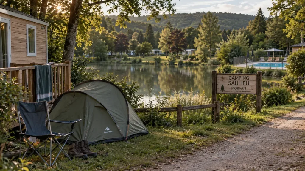 Camping saulieu morvan au vert, tente et étang au Morvan