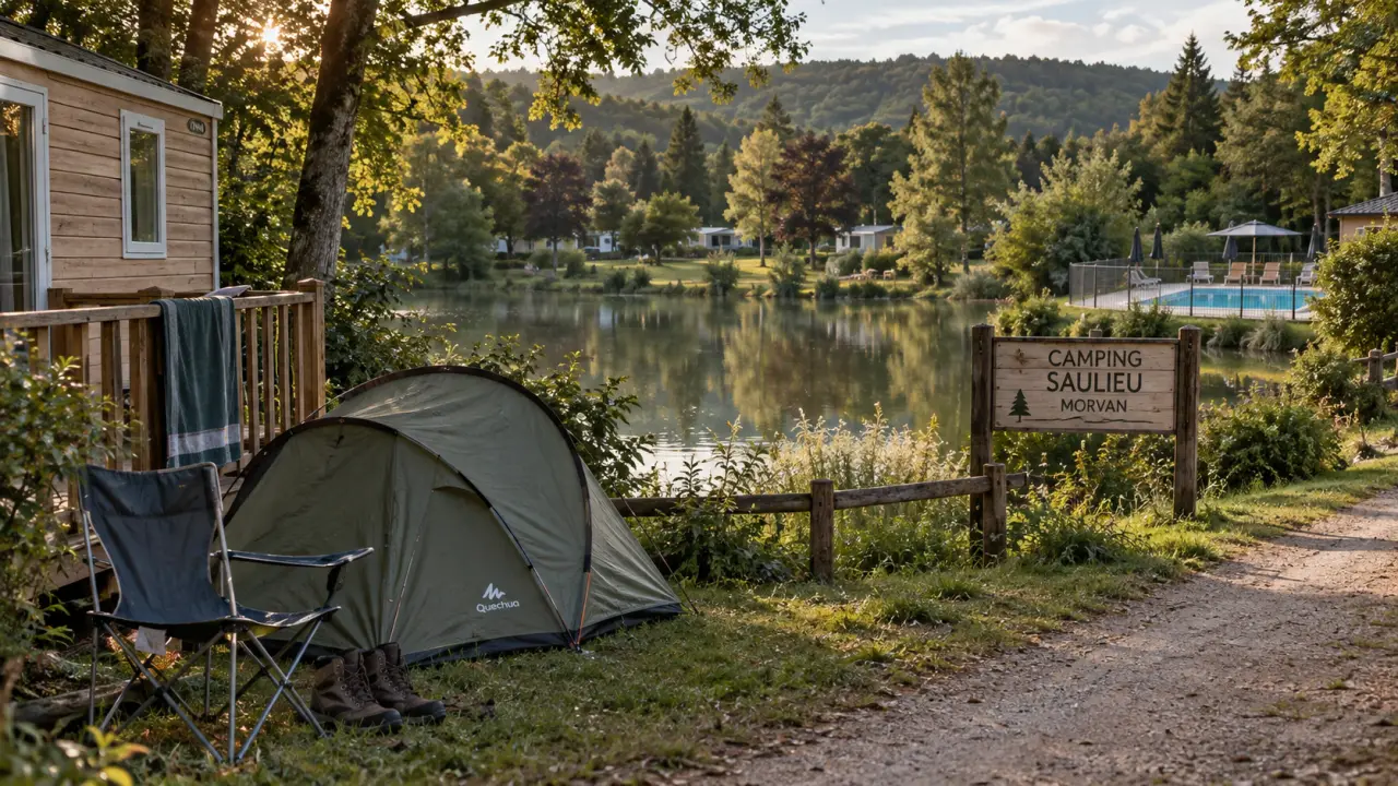 Camping saulieu morvan au vert, tente et étang au Morvan