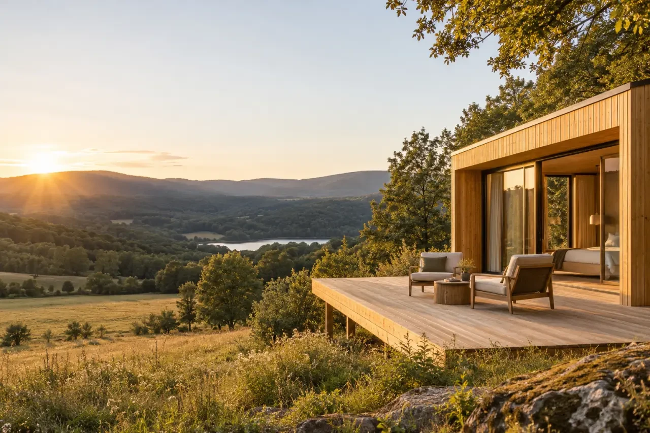 Camping luxe Morvan avec lodge haut de gamme dans la forêt et les collines