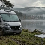Le Morvan en camping car, camping-car au bord d’un lac en brume matinale