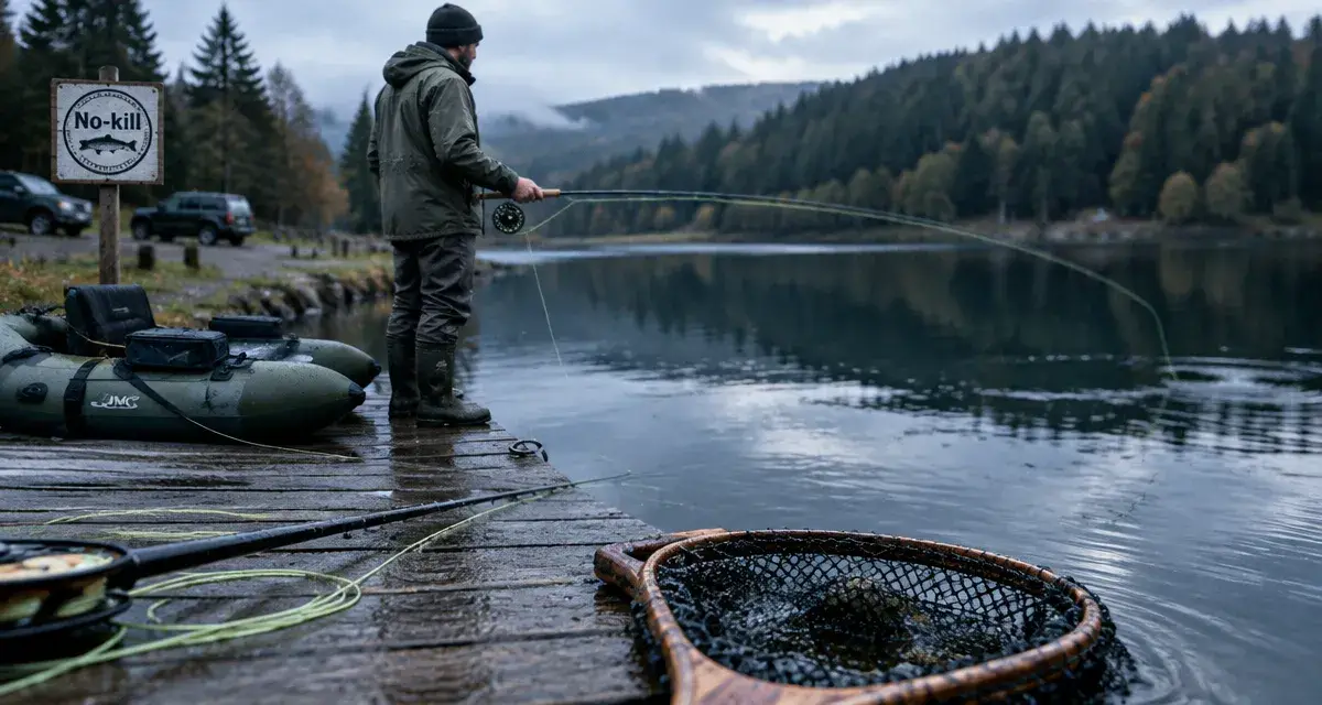 Pêche à la mouche Morvan au réservoir, no-kill, pêcheur au bord de l’eau