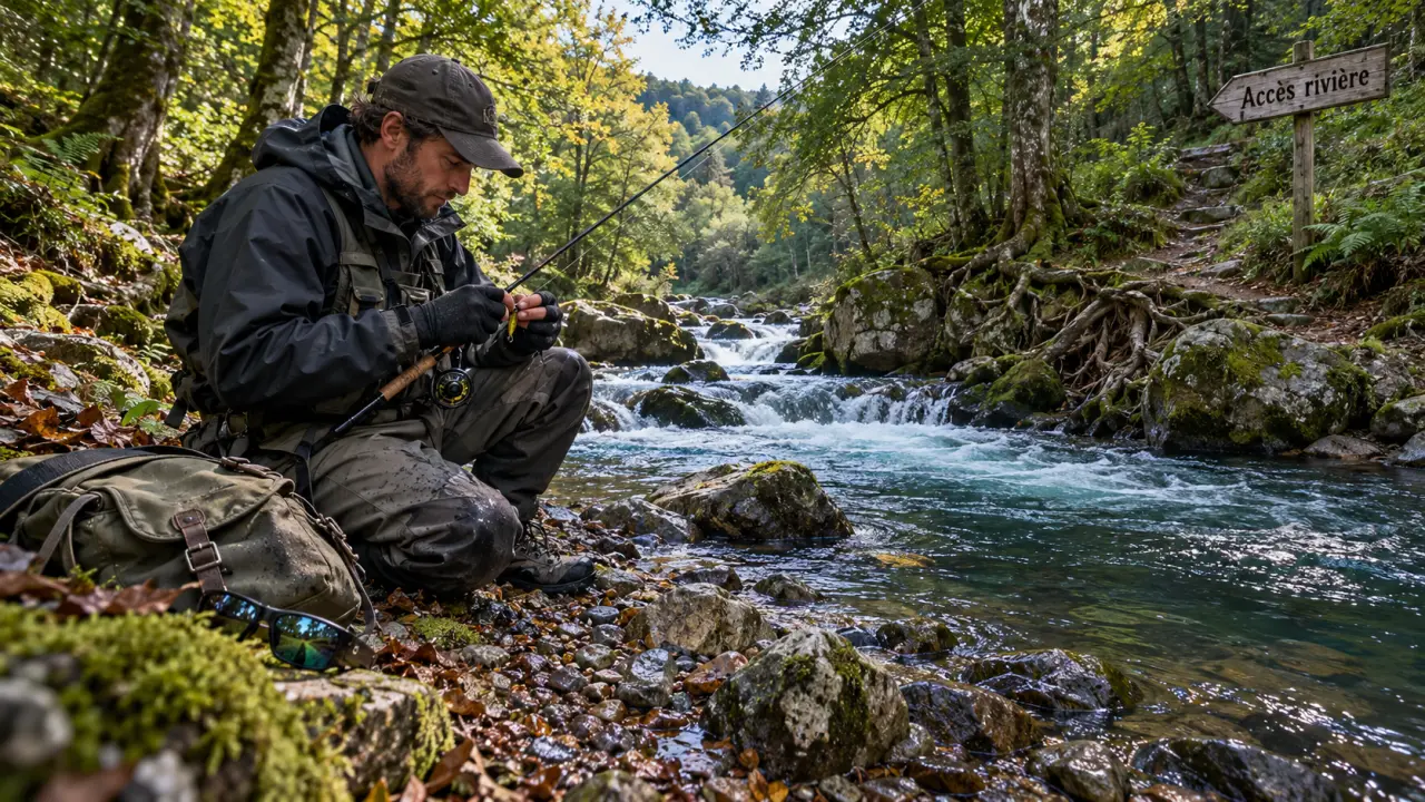 Pêche cure Morvan sur la Cure, pêcheur au bord avec débit en eau vive