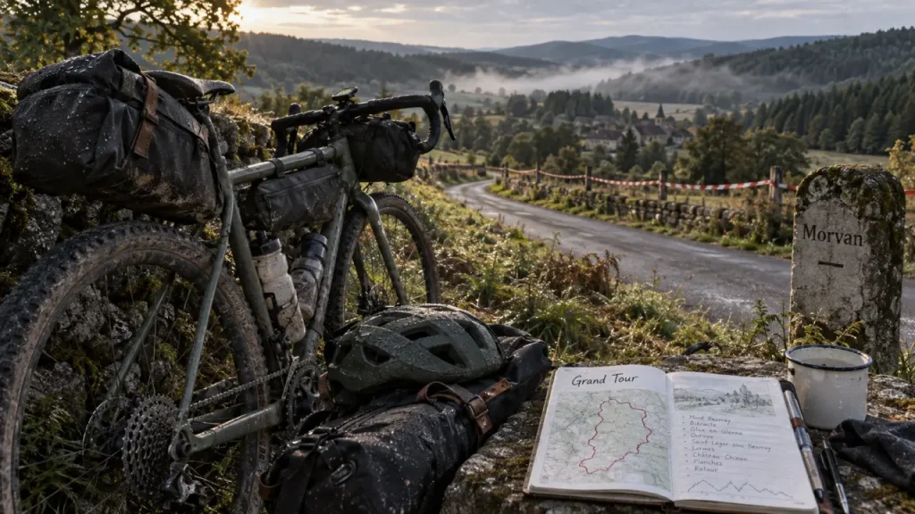 Tour du morvan vélo : gravel chargé vers les cols, route morvandelle